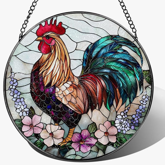 8″ Colorful Rooster Suncatcher, Stained Glass Window Hanging Ornament, Farmhouse Style Window Decor — Christmas Ornaments | Gifts for Christmas, Holiday Present, Gift Exchange, Gift Ideas
