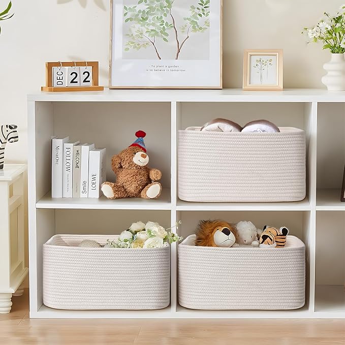 4 Pack Large Storage Basket for Organizing, 17.5"x13"x7" Woven Basket for Shelves, Closet Cube Storage Bins with Wrapped Handle, Cotton Rope Baskets for Kitchen, Clothes, Toys(Off White)