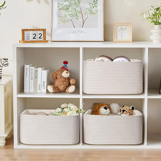 3 Pack Large Storage Basket for Organizing, 17.5"x13"x7" Woven Basket for Shelves, Closet Cube Storage Bins with Wrapped Handle, Cotton Rope Baskets for Kitchen, Clothes, Toys(Off White)