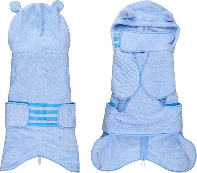 Dog Bathrobe Towel Wrap, Hooded Double Layer Super Absorbent Dog Drying Coat, Adjustable Warm Bath Robe for Cold Weather, Beach, Pool, Fast Drying Towels for Large Medium Dogs,Blue,M