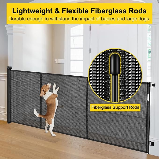 Reinforced 42” Tall x 200” Extra Wide Retractable Baby Gates, Extra Long Pet Gate with Support Rods, Outdoor Dog Gate for Wide Openings Large Baby Gates for Dogs Outdoor Gates for Decks, Black