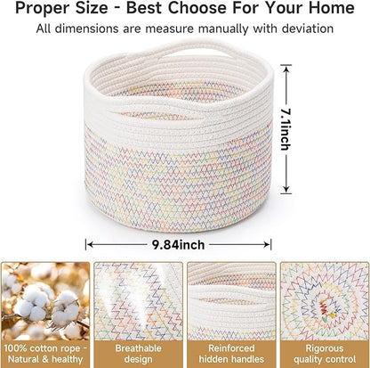 Small Rope Baskets for Storage, Baskets for Gifts Empty, Cute Round Woven Basket, Decorative Shelf Baskets 9.82×9.82×7.1", Cotton Toy Basket Storage Bins for Organizer 3 Packs-Rainbow