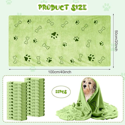 Tatuo 22 Pcs Dog Towels for Drying 20 x 40 Inch Pet Bath Towels Absorbent Microfiber Towel Quick Drying Puppy Bathing Supplies for Small Medium Large Dog Puppy Cat(Green,Bone Pattern)