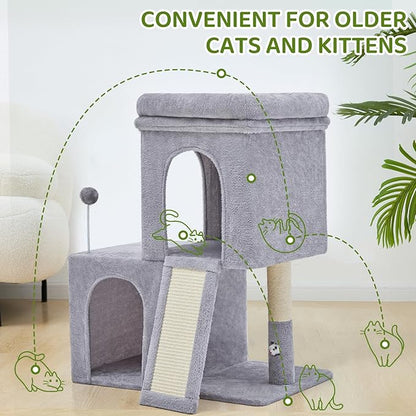 Woochpet 32inch Tall Cat Tree with 2 cat condo for Adult Cats Cozy Cat Tower with Scratching Post and Scrather Board for Cats of Different Ages.（Light Grey）