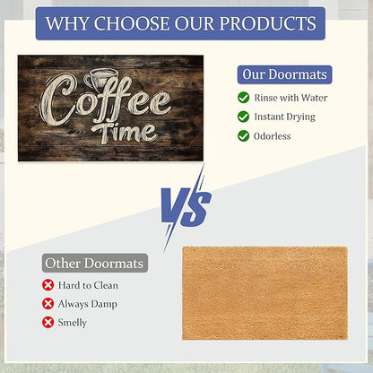 Door Mat, Retro Coffee Time Rugs for Front Door,Non-Slip Rustic Wood Board Low Profile Indoor Outdoor Welcome Mat for Entry Patio, Porch, Hallways,Kitchen 30 x 17 Inch