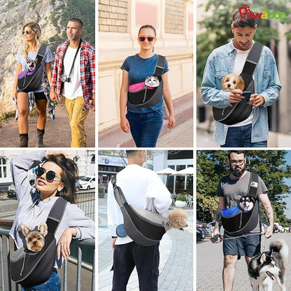 Pawaboo Dog Sling Carrier, Hand Free Breathable Mesh Bag for Puppy Cat, Drawstring Dog Papoose with Adjustable Strap and Pocket, Crossbody Satchel Dogs Purse for Outdoor Travel, S, Magenta