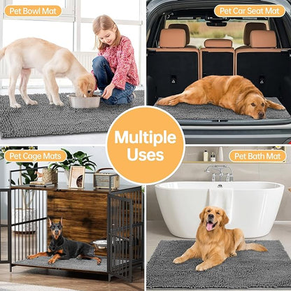 Absorbent Dog Door Mat for Muddy Paws, 48" x 30" Chenille Indoor Mats for Entryway, Trap Dirt Front Door Mat Indoor Entrance Washable Non Slip Soft Light Grey