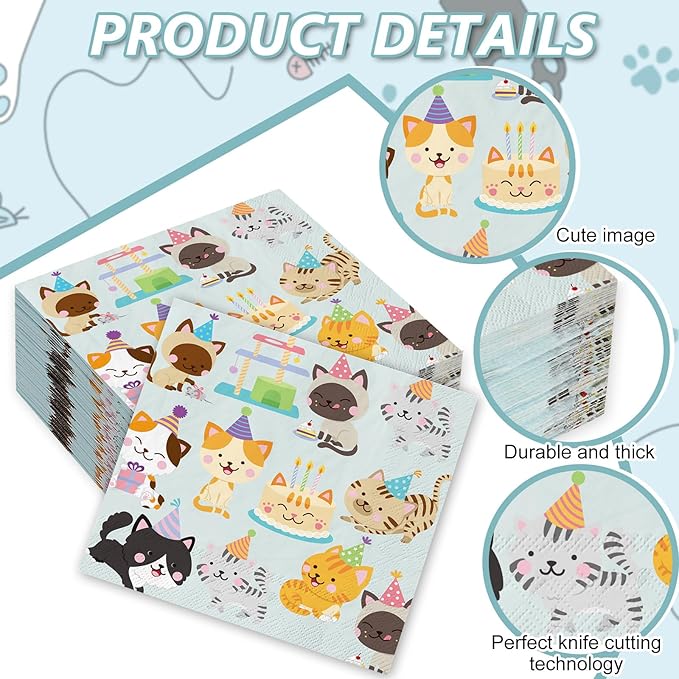 JarThenaAMCS 100 Sheets Cat Party Napkins 5 x 5 Inch Disposable Kitty Cocktail Paper Napkins Colorful Kitten Beverage Napkin for Birthday Dining Drink Table Decor Supplies