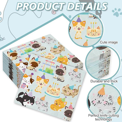 JarThenaAMCS 100 Sheets Cat Party Napkins 5 x 5 Inch Disposable Kitty Cocktail Paper Napkins Colorful Kitten Beverage Napkin for Birthday Dining Drink Table Decor Supplies