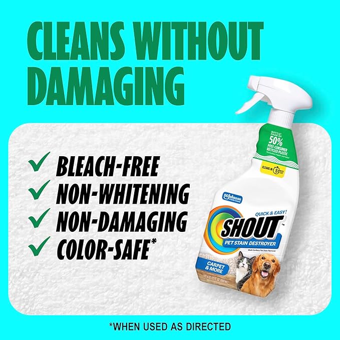 Shout Pet Stain Remover Spray, Color-Safe Multisurface & Carpet Cleaner Solution for Dog & Cat Urine, Feces, Vomit & Mud, Fights Odors & Remarking, Fast-Acting Cleans in 5 Minutes or Less, 22oz