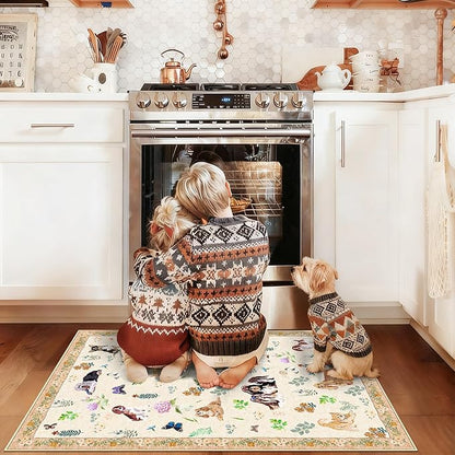 Washable Floral Animal 3x4 Rug: Non-Slip Low Pile Entryway Area Rugs Dog Printed Carpet Stain Resistant Kitchen Runners Soft Beside Floor Mat for Bedroom Kids Room Home Office Laundry(3x4,Beige/Dog