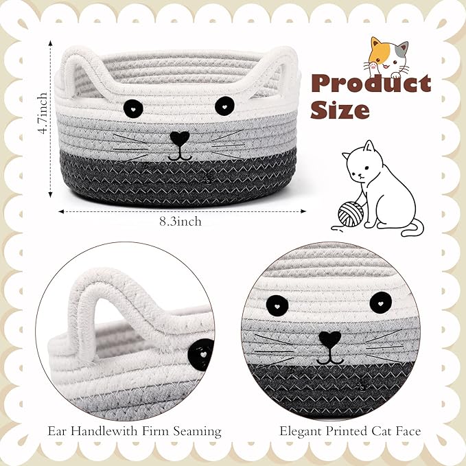 Zopeal Cat Basket Storage Woven Organizer with Ears Easter Decorative Pet Toy Cute Cotton Rope Basket for Gift Cat Dog Toy Bin Nursery Room(8.3 x 4.7 Inch,White, Light Gray and Gray)