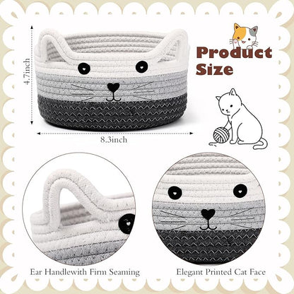 Zopeal Cat Basket Storage Woven Organizer with Ears Easter Decorative Pet Toy Cute Cotton Rope Basket for Gift Cat Dog Toy Bin Nursery Room(8.3 x 4.7 Inch,White, Light Gray and Gray)