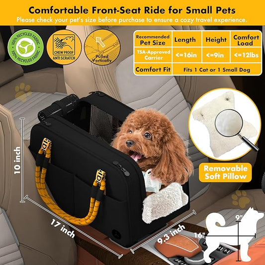 PAWZIDEA Center Console Dog Car Seat, Enclosed Small Dog Armrest Booster Carseat, Secure Straps &Anti Slip, Portable TSA Approved Puppy Pet Carrier Soft-Sided, Removable Pillow Storage Pocket, up 12lb