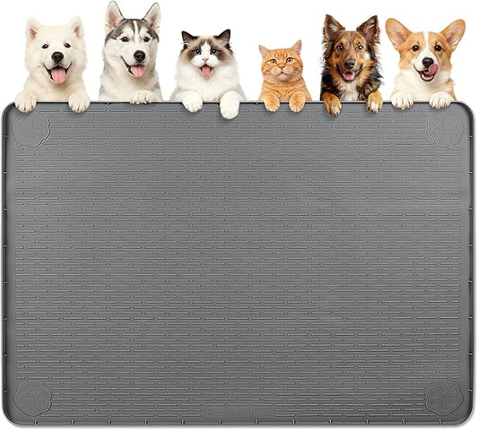Dog Food Mat, Extra Large 57" x 40" Silicone Pet Feeding Mat with Raised Edge Pet Placemat for Small, Medium, and Large Pets Non-Slip, Easy to Clean (Dark Grey)