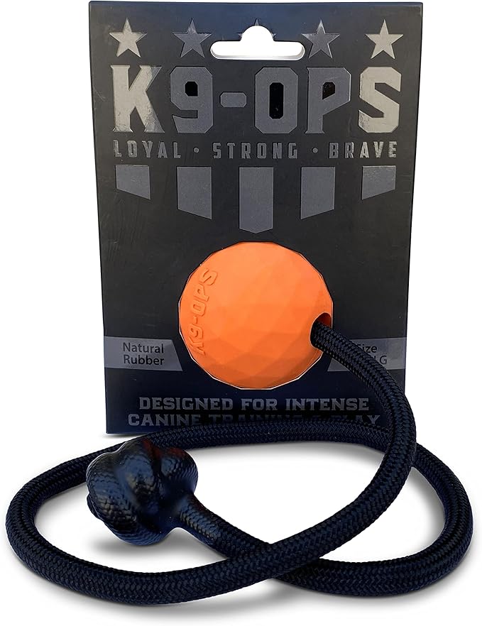 K9 Ops Dog Ball on a Rope Moki Tug Toy - Solid Rubber Fetch Training Reward - Large Dogs Tugs Durable Aggressive Chewers (Tiger Orange, LG/XL)