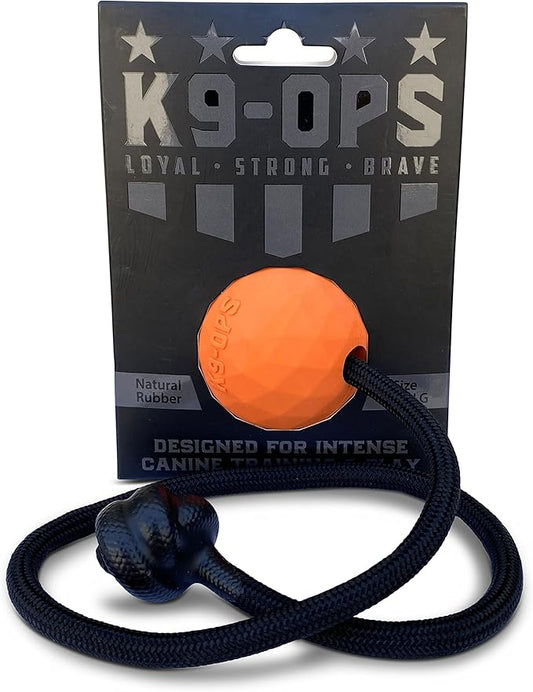 K9 Ops Dog Ball on a Rope Moki Tug Toy - Solid Rubber Fetch Training Reward - Large Dogs Tugs Durable Aggressive Chewers (Tiger Orange, LG/XL)