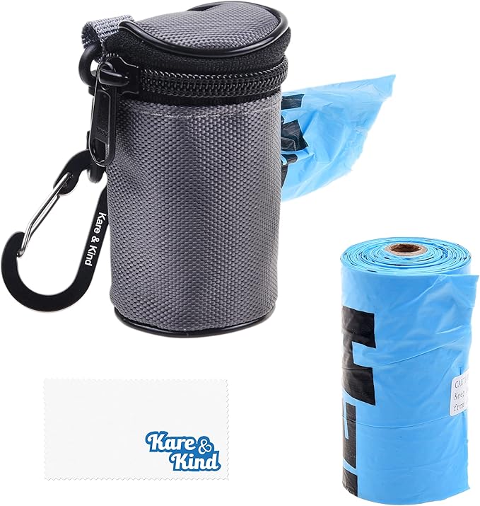 Kare & Kind Pet Waste Bag Dispenser with Carabiner - Double Layer Fabric - Zippered Poop Bag Holder and Pet Waste Bags - Clip On Container Attaches to Leash, Belt, Harness,Collar, Bags - (Black)