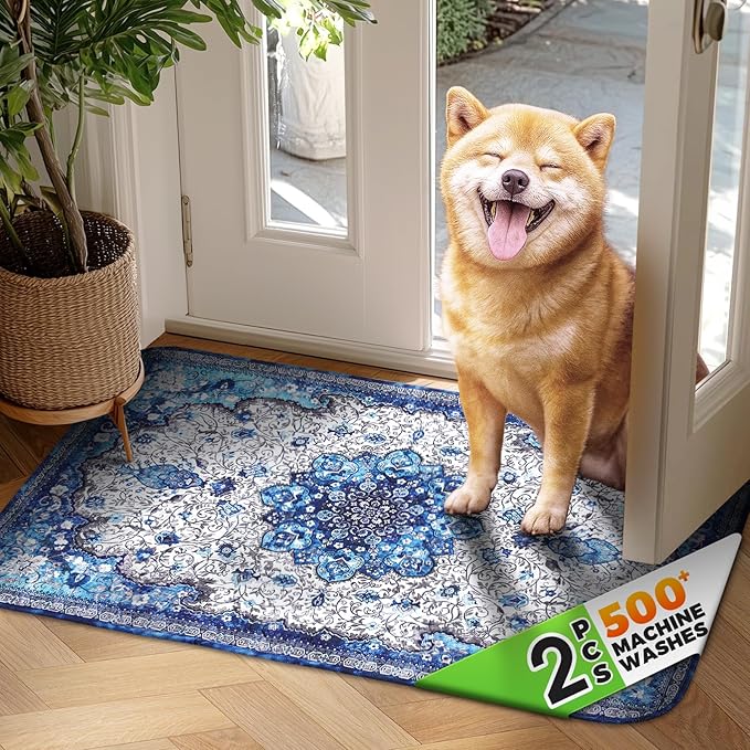 Hompet 2 Pack Super Absorbent Dog Door Mat for Muddy Paws, Washable Pee Pads for Dogs, Reusable Puppy Training Pads, Quick Dry Non-Slip Pet Entryway Rug, Leak-Proof Potty Pad for Indoor Floors 24x35