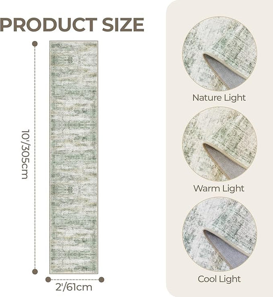 Long Rugs Runner - Washable Runner Rugs for Hallway 2x10, Ultra-Thin Soft Kitchen Carpet Runner, Anti Slip Backing Runner Rugs for Entrance, Bedroom, Living Room(2'x10', Green/Yellow/Ivory)
