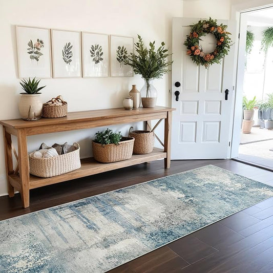 8 Foot Runner Rug: Washable Non-Slip Abstract Carpet for Kitchen Entryway Bedroom - Soft Stain Resistant Easy Clean Mat for Family with Pets 2.6x8 Blue