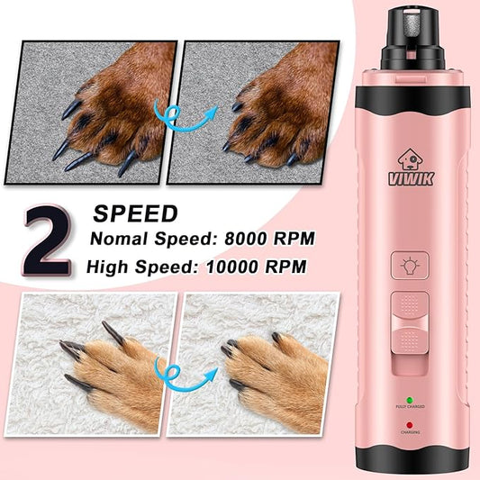 VIWIK Dog Nail Trimmers, Dog Nail Grinder with 2 LED Lights, Pet Nail Clippers Kit for Large Medium Small Dogs & Cats, 2-Speed Super Quiet Electric USB Rechargeable Pet Paws Grooming Tool Pink