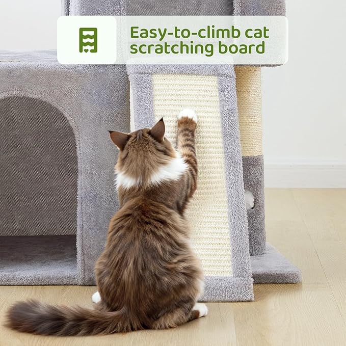 Woochpet 32inch Tall Cat Tree with 2 cat condo for Adult Cats Cozy Cat Tower with Scratching Post and Scrather Board for Cats of Different Ages.（Light Grey）
