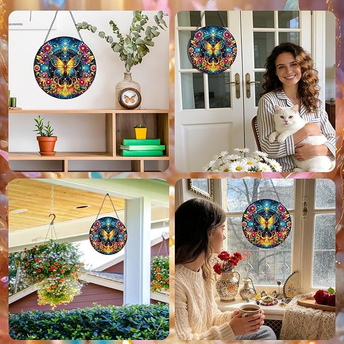 Stained Glass Window Hanging, 7.8″ Butterfly Flower Sun Catchers with Hook Indoor Window Decor, Decorative Suncatchers Hanging Ornaments Home Garden Art Gift for Housewarming