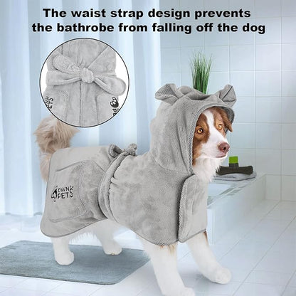 Ownpets Dog Bathrobe Towel, Super Absorbent Soft Dog Drying Robe with Cap & Pocket for Bathing & Beach Trips, Microfibre Fast Drying Dog Towel Robe for Dogs and Cats(Medium)