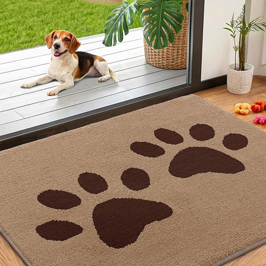 Smiry Dog Door Mat for Muddy Paws, Absorbs Moisture and Dirt, Low-Profile Entryway Mat with Non-Slip Backing, Entry Indoor Outdoor Doormat for Inside Floor (40x32 Inches, Beige, Paw)