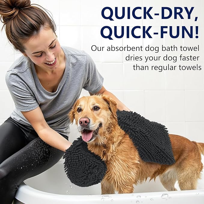 OLANLY Chenille Dog Bath Towel 31x13, Ultra Absorbent Quick Dry Pet Towel, Extra Soft Washable Plush Towel for Large Dogs & Puppies, Indoor Outdoor Use, Dark Grey