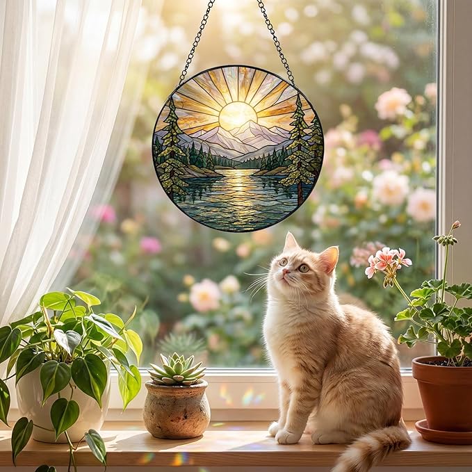 Sanwarm Stained Glass Window Hanging, Mountain Sunrise Lake Suncatcher Window Decor for Indoor Home Sun Catcher Ornament, Mother’s Day & Birthday Gift for Women, Men, Mom & Nana, 7.8 in