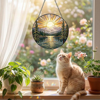 Sanwarm Stained Glass Window Hanging, Mountain Sunrise Lake Suncatcher Window Decor for Indoor Home Sun Catcher Ornament, Mother’s Day & Birthday Gift for Women, Men, Mom & Nana, 7.8 in
