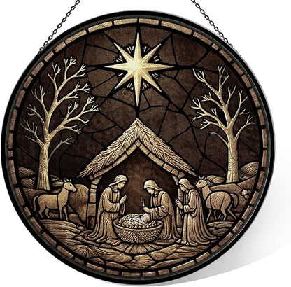 Nativity Scene Suncatcher - 7.9" Hand Painted Stained Glass Christmas Ornament & Window Hanging, Outdoor/Indoor Birth of Jesus Decor, Religious Christian Gift for Women, Men