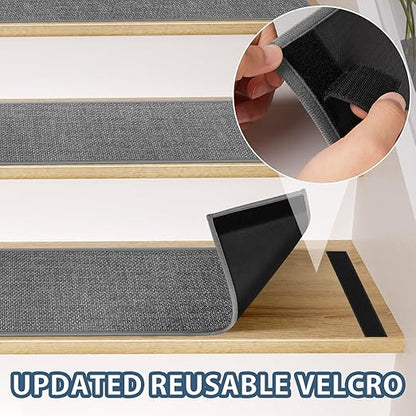 Peel and Stick Carpet Stair Treads for Wooden Steps Set of 15, Non Slip Adhesive Jute Stair Mats Indoor, Rubber Backing Safety Step Pads Mats, Grey, 8"x30"