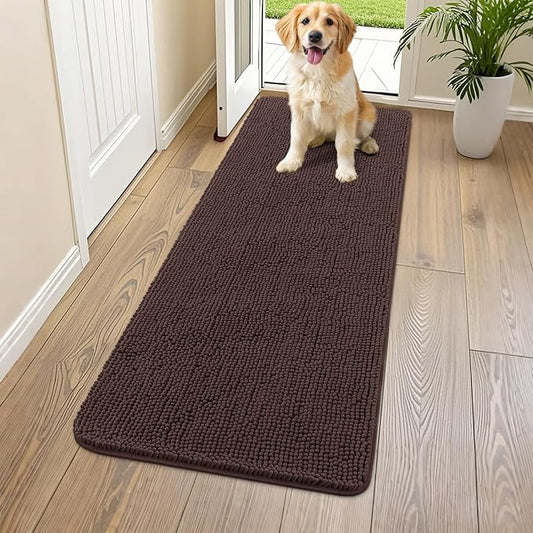 Smiry Dog Door Mat for Muddy Paws 54x24, Absorbs Moisture and Dirt Doormat, Non-Slip Washable Quick Dry Chenille Front Door Mat Indoor Entrance, Entryway Carpet for Inside Floor, Brown
