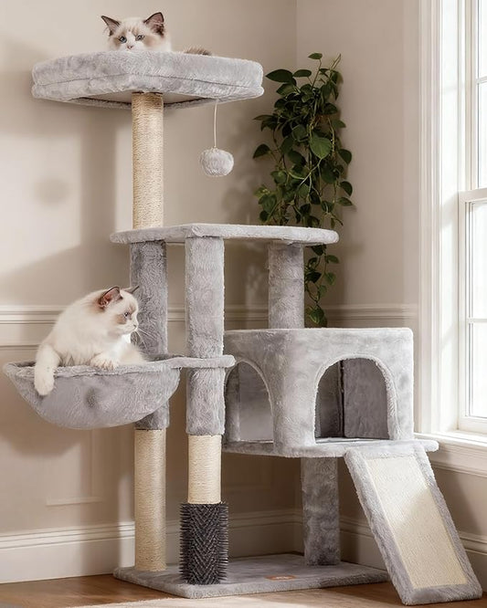 Heybly Cat Tree with Cat Self Groomer Brush, Cat Tower Condo for Indoor Cats with Padded Plush Perch, Cat House with Basket Scratching Board Post, Light Gray HCT005SW