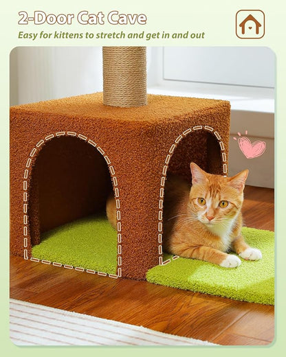 MUTTROS Flower Cat Tree with Sisal Scratching Posts, 35" Cute Cat Tower with Large Green Hammock for Small Indoor Cats, Cat Condo with Removable Flower Bed for Kittens, Brown
