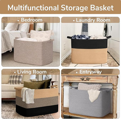 Goodpick 105L Extra Large Blanket Basket 25" x 16" x 16" Cotton Rope Storage Baskets for Organizing, Wicker Laundry Basket with Handles, Rectangle Woven Baskets for Storage, Black & Jute