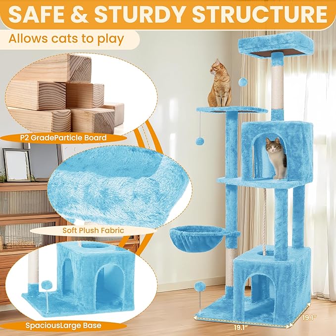 Cat Tree, 54-Inch Cat Tower for Indoor Cats, Soft Plush Multi-Level Climbing Cat Condo with Scratching Posts, Basket, Perches,2 Caves,2 Pompoms Play House for Cat(Blue)