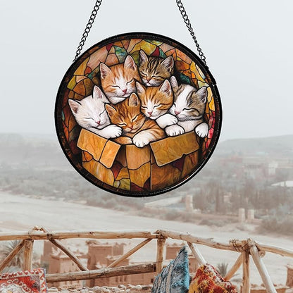 Stained Glass Window Hanging 6 Cute Kittens 9.8" - Cat Gift Suncatcher Door Sun Catcher Decor Birthday Christmas for Lost Pets Mom Men Woman Friend