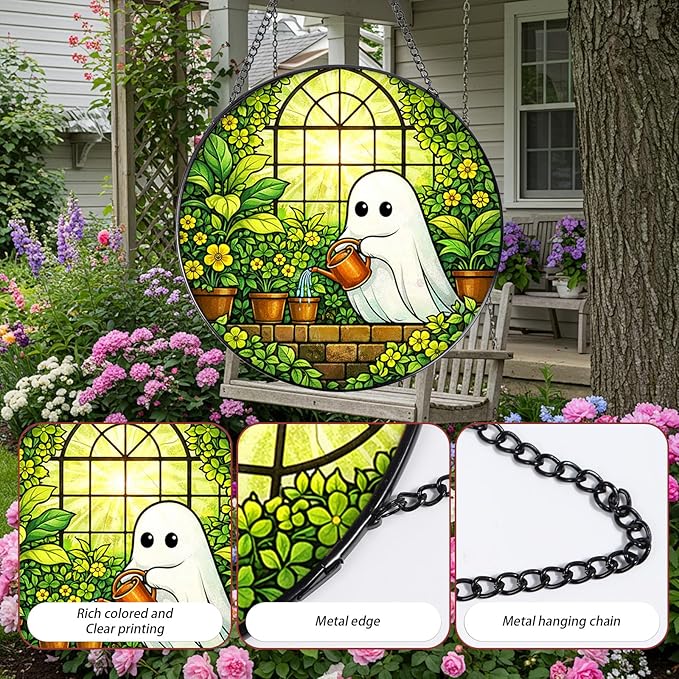 Stained Glass Window Hanging, 7.8″ Ghost Sun Catchers Art Decor Indoor Window, Decorative Suncatchers Hanging Ornaments Home Garden Gift for Plant Lover Housewarming