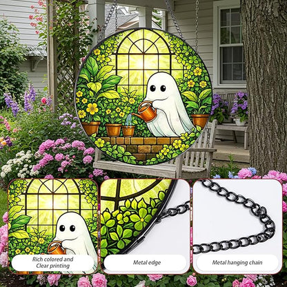 Stained Glass Window Hanging, 7.8″ Ghost Sun Catchers Art Decor Indoor Window, Decorative Suncatchers Hanging Ornaments Home Garden Gift for Plant Lover Housewarming
