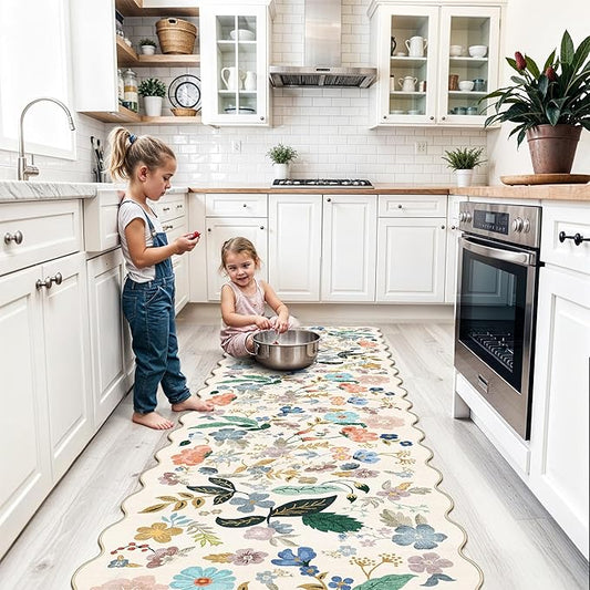 Washable 2x8 Hallway Runner Rug: Vintage Water-Resistant Floral Scalloped Kitchen Entryway Rug Ultra Soft Living Room Bedroom Carpet Non-Slip Indoor Floor Mat for Bathroom Dining Room(2x8,Cream)