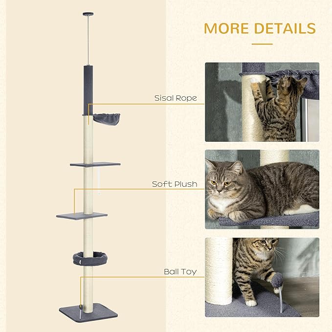 PawHut Floor to Ceiling Cat Tree, 5-Tier Cat Climbing Tower, 95''-106'' Height Adjustable with Carpeted Platforms, Cozy Bed, Hammock, Scratching Post & Toy Ball for Indoor Cats, Dark Gray and Cream