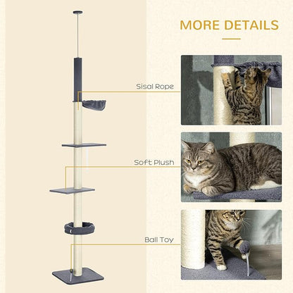 PawHut Floor to Ceiling Cat Tree, 5-Tier Cat Climbing Tower, 95''-106'' Height Adjustable with Carpeted Platforms, Cozy Bed, Hammock, Scratching Post & Toy Ball for Indoor Cats, Dark Gray and Cream