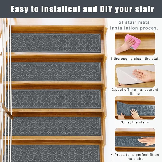 15Pcs Stair Treads for Wooden Steps Indoor with Self Adhesive, 8"x30" Non Slip Stair Runners-Peel & Stick Indoor Stair Carpet Runner, Resistant Indoor Runner for Kids、Elders and Pets, Grey