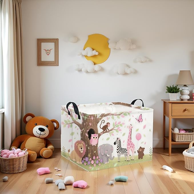 Rectangular Baby Kids Storage Basket for Home Kitchen Girls Cute Storage Bin Organizer Shelf Book Room Decor(Pink Animal)