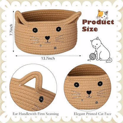 Zopeal Cat Basket Storage Woven Organizer with Ears Easter Decorative Pet Toy Cute Cotton Rope Basket for Gift Cat Dog Toy Bin Nursery Room(13.7 x 7.8 Inch,Khaki)