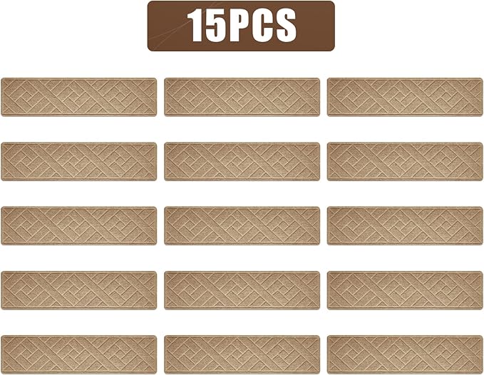 15 Pack 8 "X 30" Non-Slip Carpet Stair Treads for Indoor Wooden Steps, Made of Polyester and Reusable Adhesive, Suitable for Kids Elders and Pets（Beige Lines）